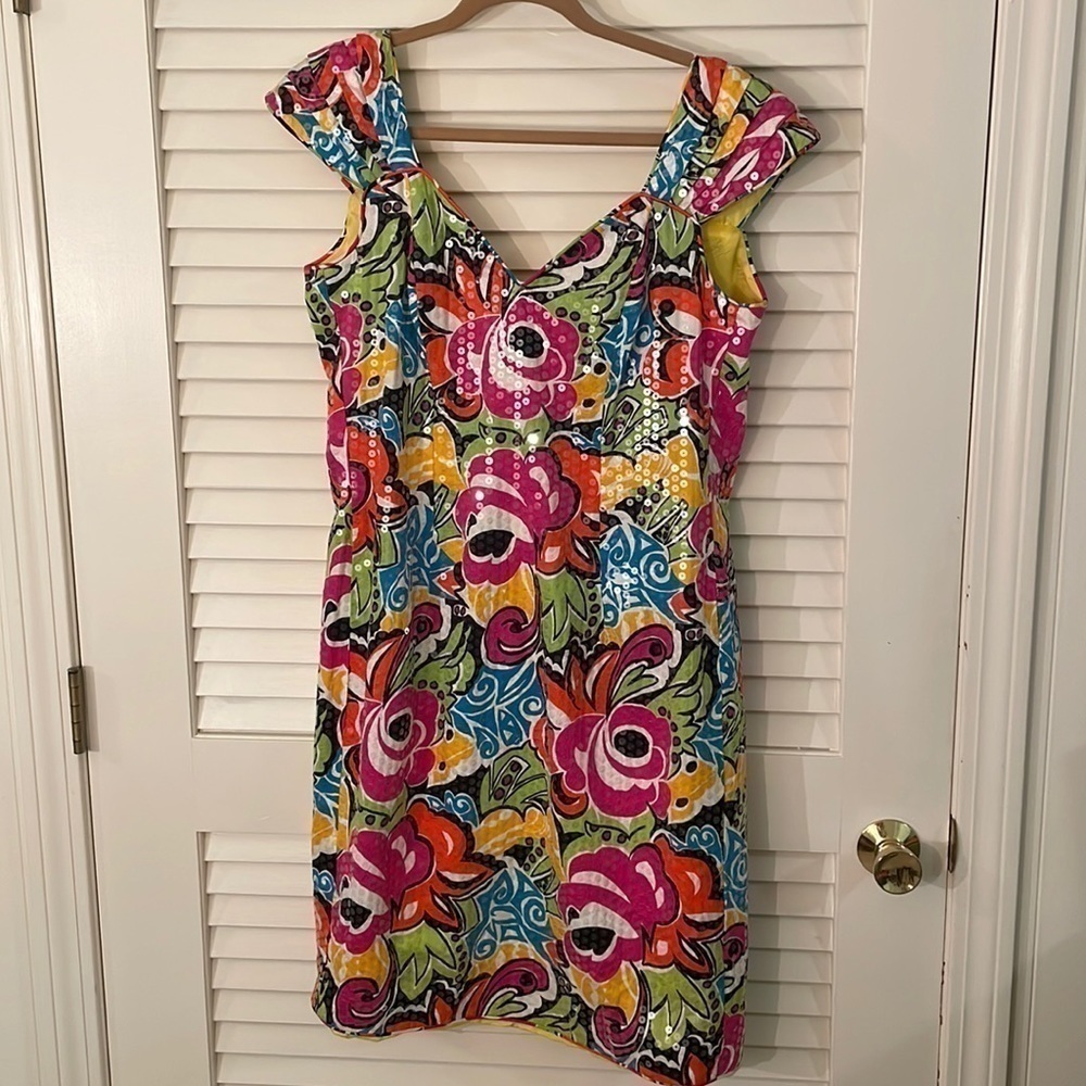 VINTAGE Lillie Rubin Sequin Bold Multi Colored Dress with V Dip Button Back